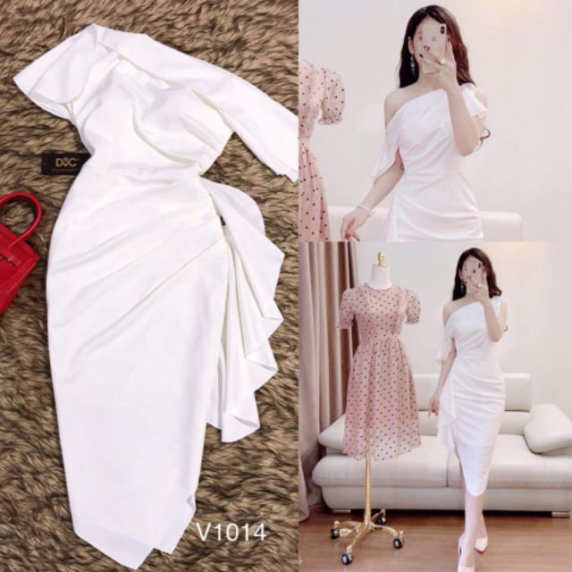 Váy trắng body lệch vai V1014-DVC- Huyền Anh shop- siêu rẻ- siêu chất