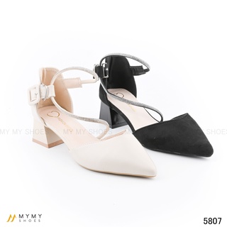 Giầy bít mũi da pha dây đá vát bít gót vuông 5p 5807 mymyshoes