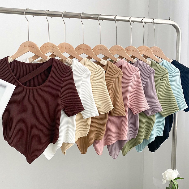 Áo Thun Dệt Kim Màu Trơn Viền Cong Quyến Rũ Thời Trang Đường Phố Mùa Hè Màu Sắc Gợi Cảm Dành Cho Bạn Nữ