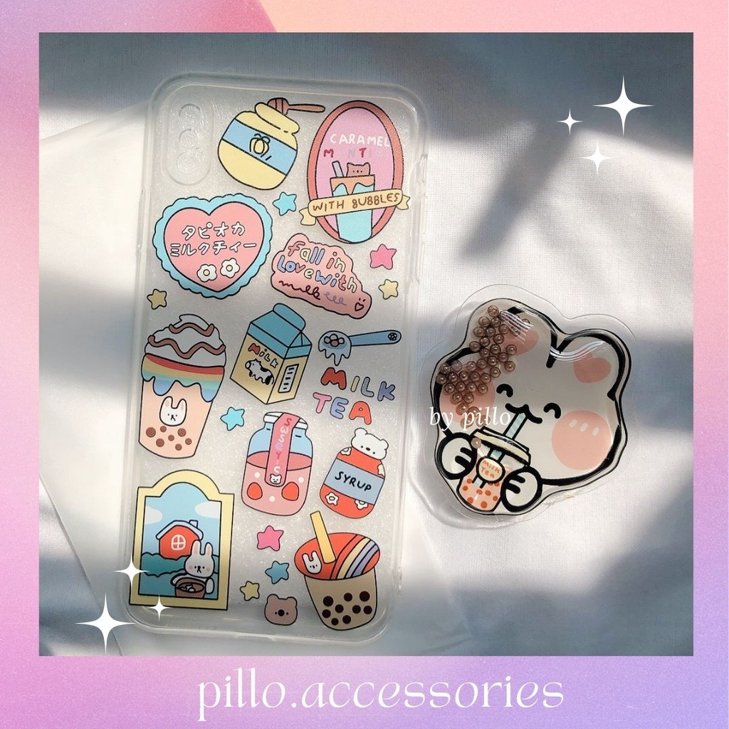 Ốp lưng điện thoại Iphone họa tiết trà sữa kèm popsocket thỏ cao cấp - Pillo A3