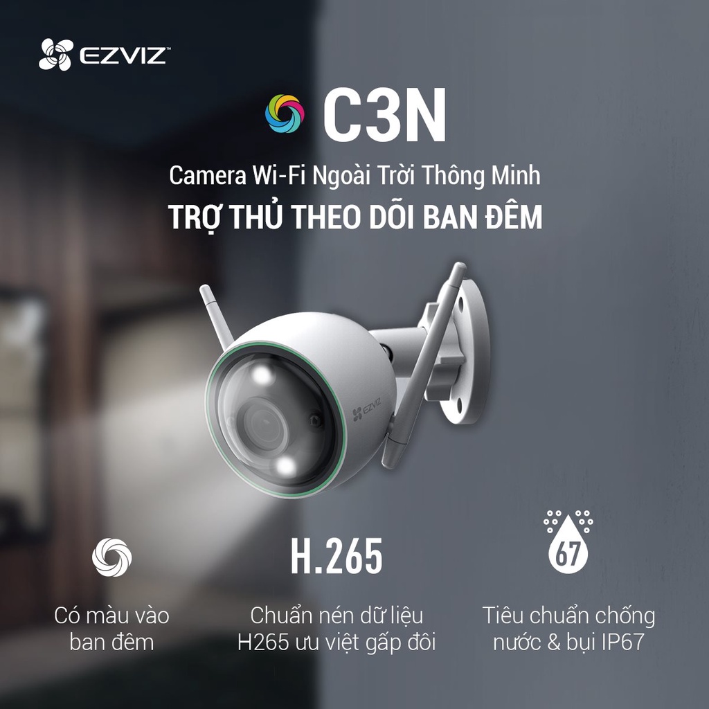 Camera Wifi ngoài trời Ezviz C3N 2MP 1080p có màu ban đêm Thông Minh Nhận Diện Người hàng chính hãng