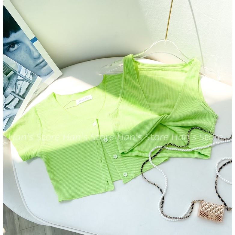 SET ÁO GÂN LEN XOẮN NGỰC KÈM KHOÁC NÚT HOA