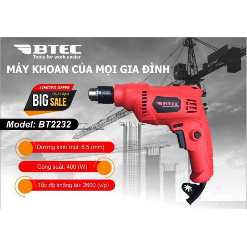 MÁY KHOAN VẶN VÍT DÙNG ĐIỆN 6.5MM BTEC BT2232