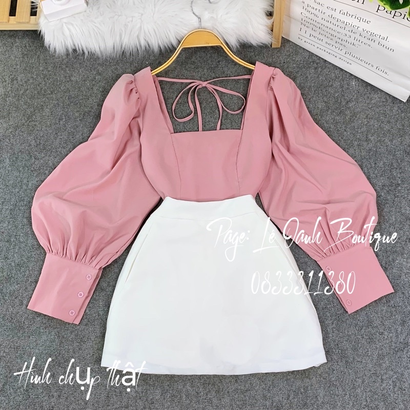 ❖♀☍Áo cổ vuông tay phồng thắt nơ sau dáng Croptop A46 | BigBuy360 - bigbuy360.vn