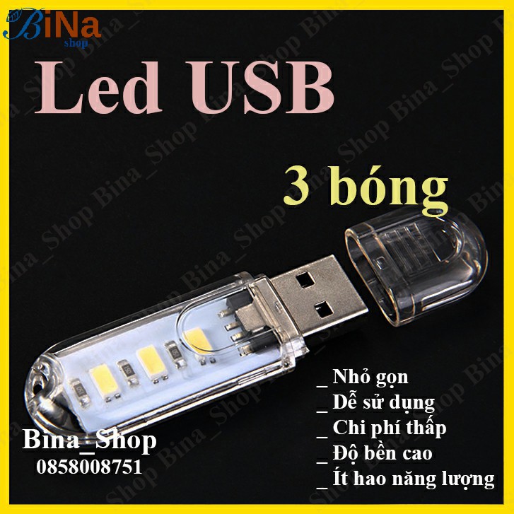 Đèn Led USB 3 bóng Trắng ấm / Vàng ấm