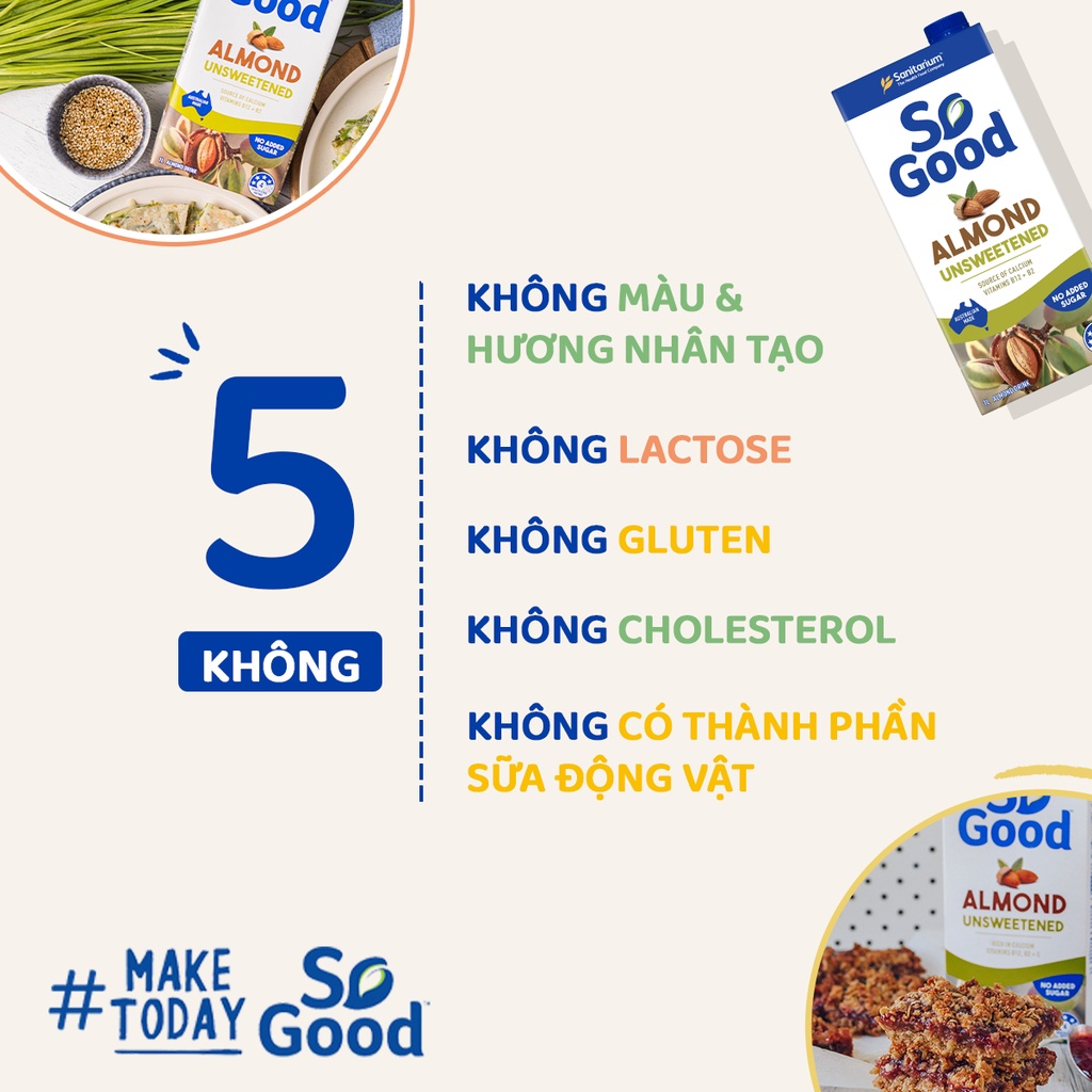 Sữa hạt hạnh nhân không đường SO GOOD 1L bổ sung canxi và vitamin phù hợp người ăn kiêng đường