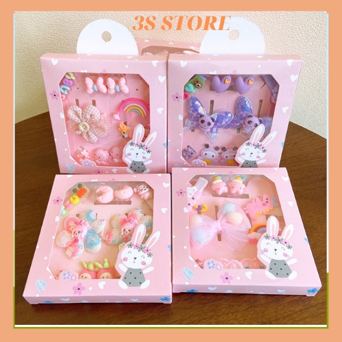 Set kẹp tóc dây buộc tóc cho bé gái hộp mix nhiều loại xinh xắn làm quà cho bé KT03