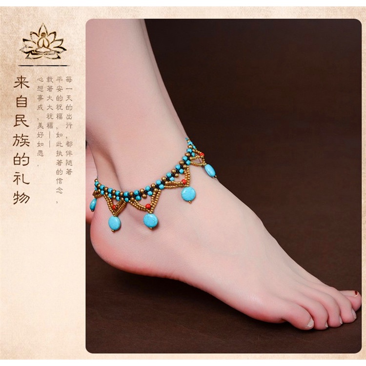 Lắc Chân Đính Hạt Ngọc Lam Phong Cách Bohemian Dành Cho Nữ