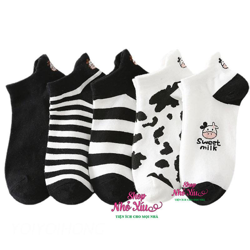 Tất Vớ Nữ Cổ Ngắn Họa Tiết Bò Sữa Siêu Dễ Thương Set 5 Đôi vớ Phong Cách Hàn Quốc