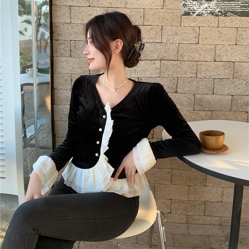 Áo nhung tay dài phối bèo thời trang mùa đông dễ phối đồ