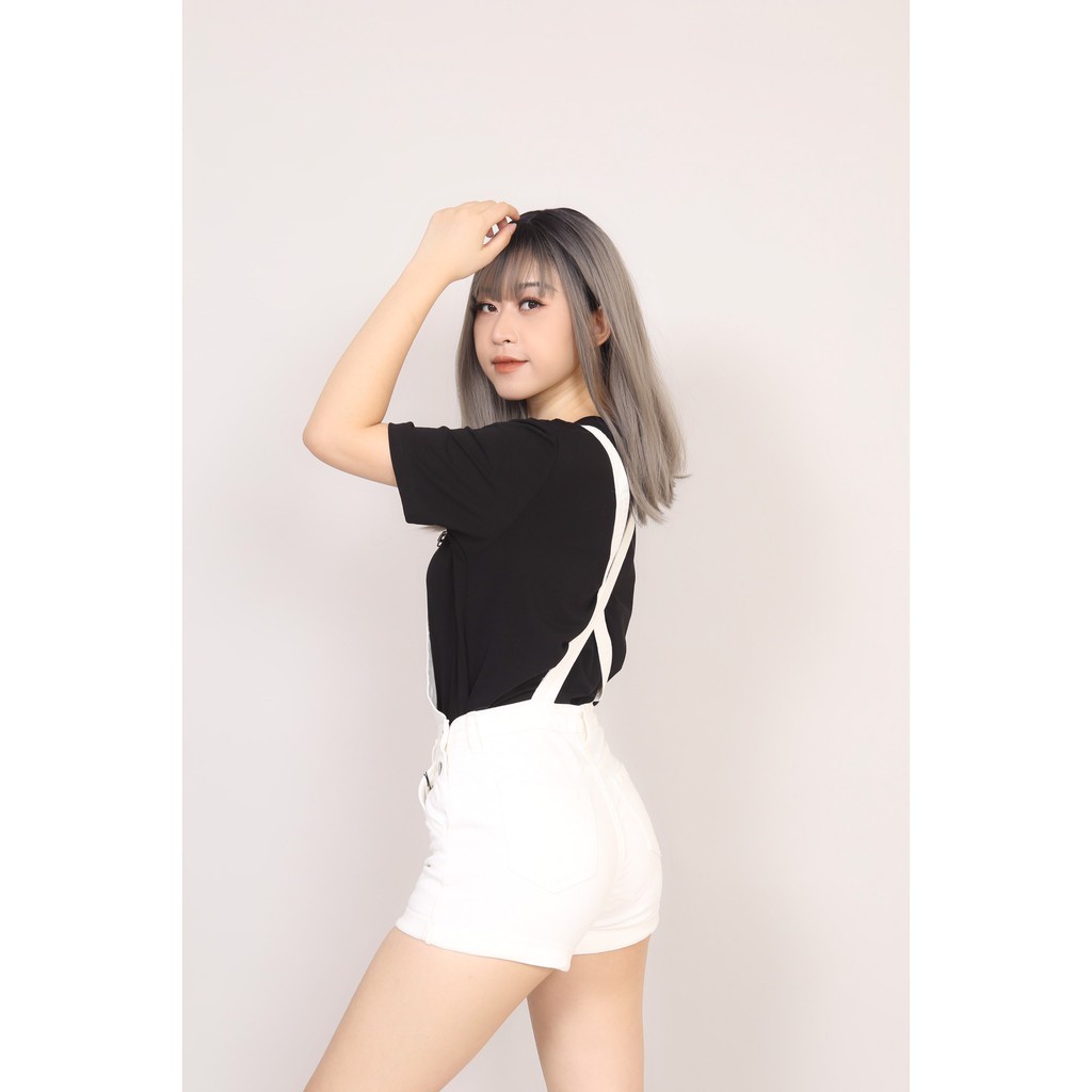 Quần Yếm Jean Nữ Đen Trắng dáng short co dãn Trơn CT JEANS