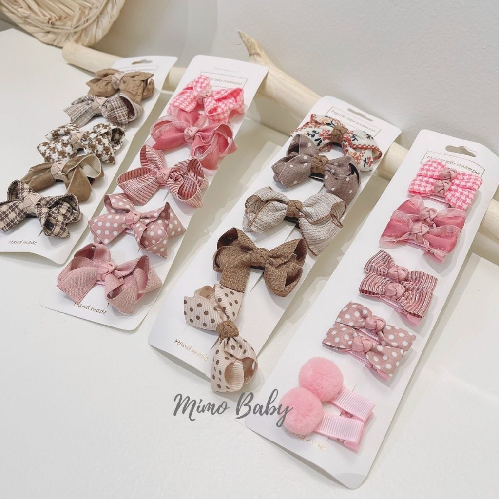 Set 5 kẹp tóc nơ bọc vải phong cách hàn quốc xinh xắn cho bé gái KT27 Mimo Baby