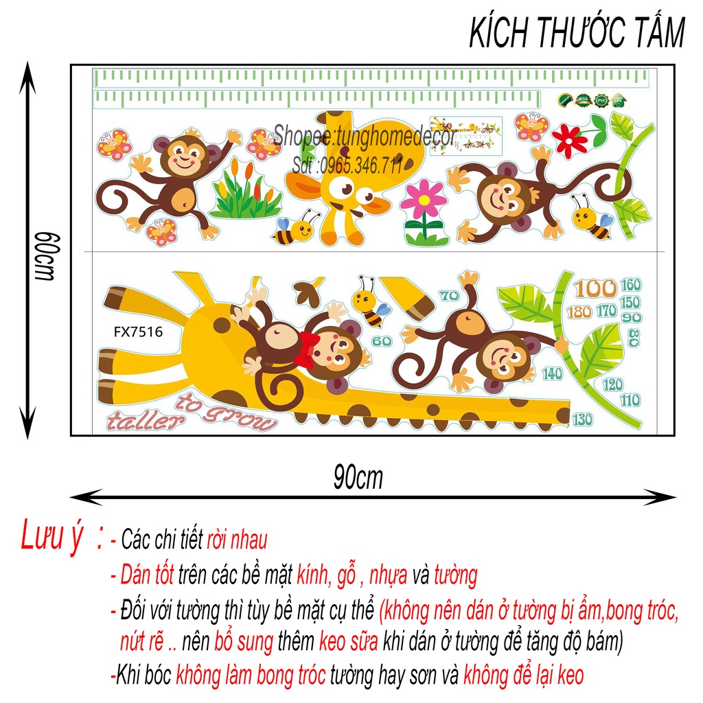 Decal dán tường Thước đo chiều cao cho bé 2m TUNG HOME DECOR TĐ01
