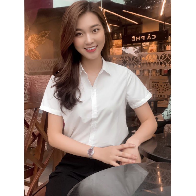 Áo trắng công sở xuất dư, vải thô lụa không nhăn,dáng suông dễ phối,tay cộc và dài