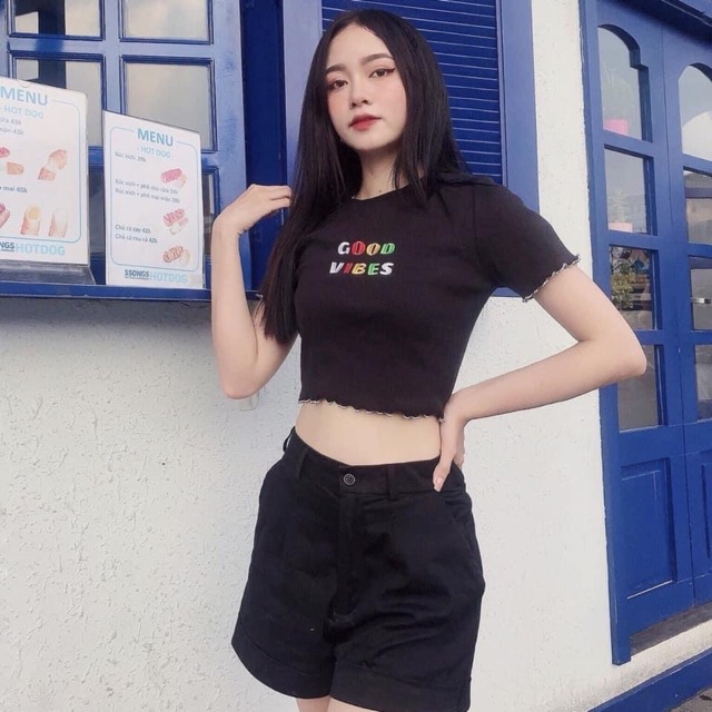 (Ảnh thật)Áo croptop cuốn biên in chữ GOOD VIBES đen/trắng