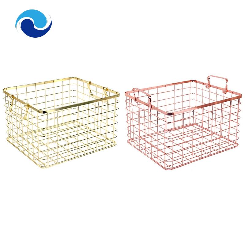 Metal Storage Basket Chic Nordic Handmade Iron Net Table Shees Basket Bath Clothes Cosmetics Storage Basket-Rose Gold