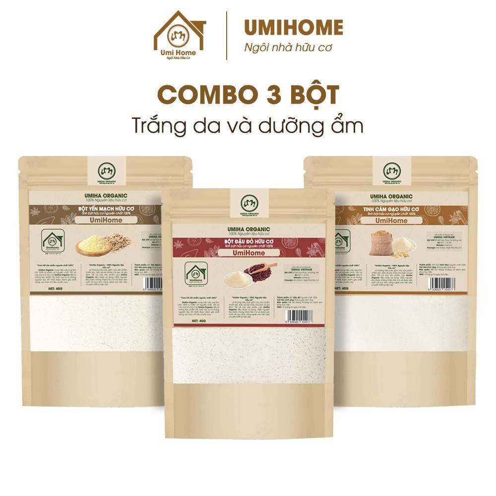 Combo 3 bột dưỡng trắng UMIHOME gồm bột yến mạch, đậu đỏ, tinh cám gạo (40gx3)