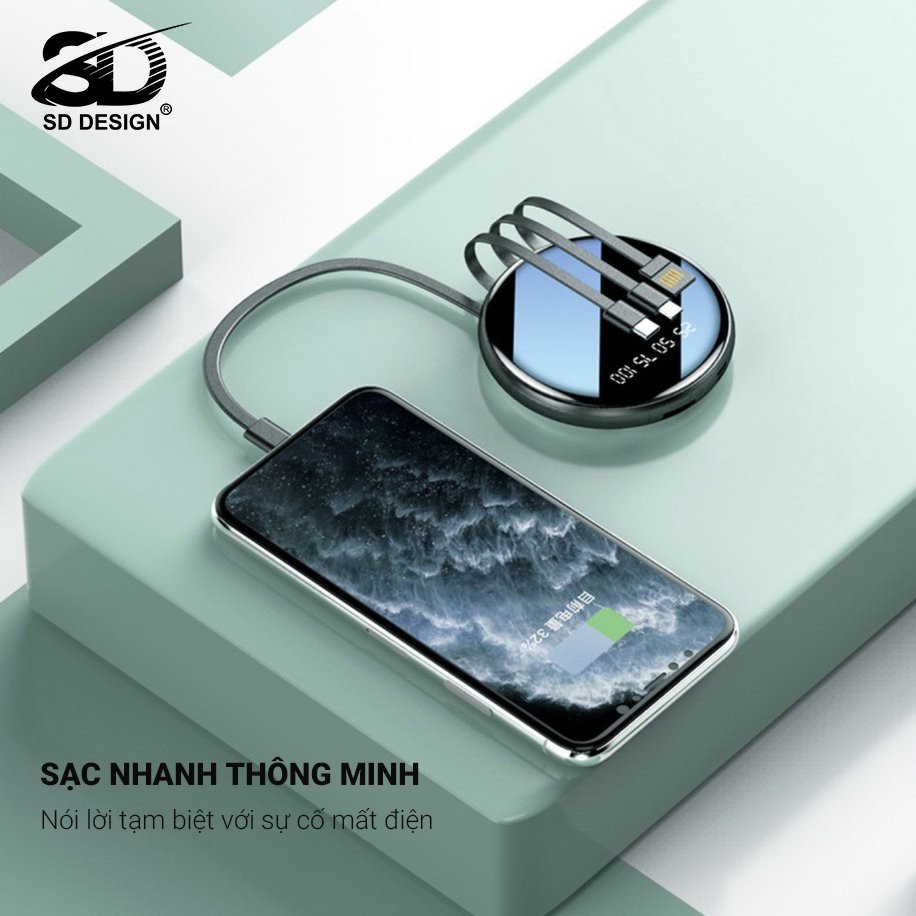 Sạc Dự Phòng Mini Chính Hãng SD Design G03 Cho iPhone Samsung Xiaomi Oppo Huawei Tích Hợp 4 Cáp Sạc+Màn Led Pin 6000mAh