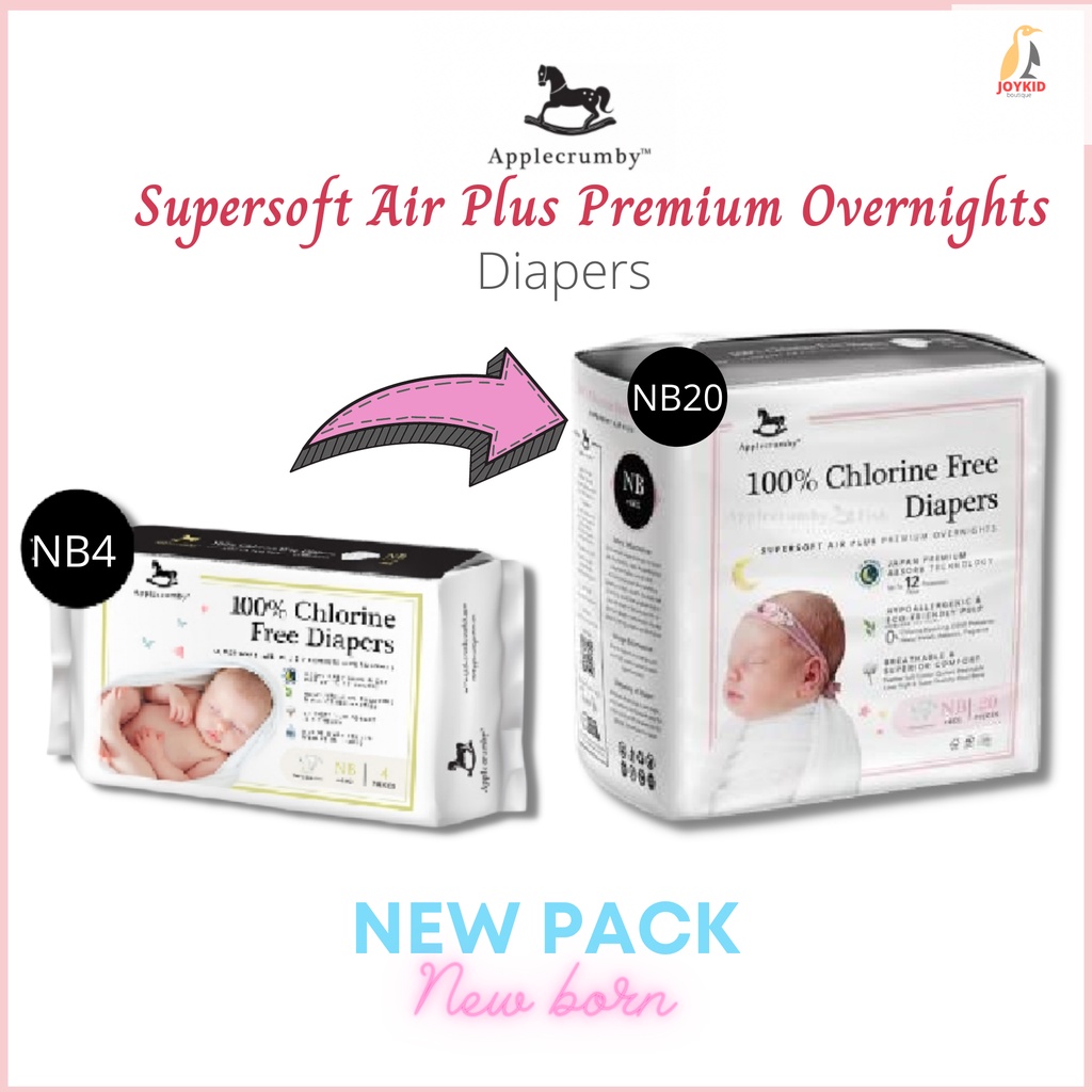 [Bản mới] Tã/bỉm dán Applecrumby Supersoft Air Plus Premium Overnights Tape Diapers sơ sinh NB20