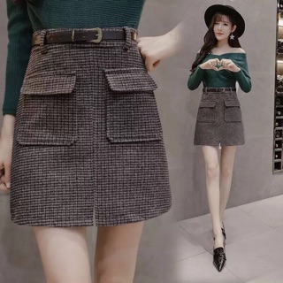 Chân váy dạ kẻ kèm đai