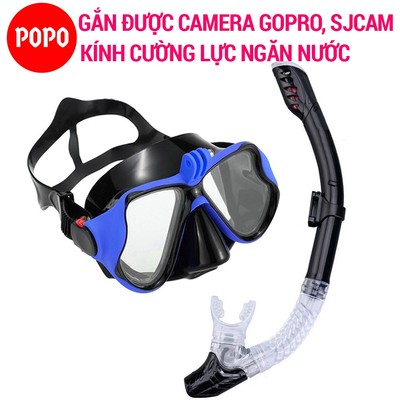 Kính lặn biển kèm ống thở POPO mắt cường lực gắn GOPRO, SJCAM, Camera