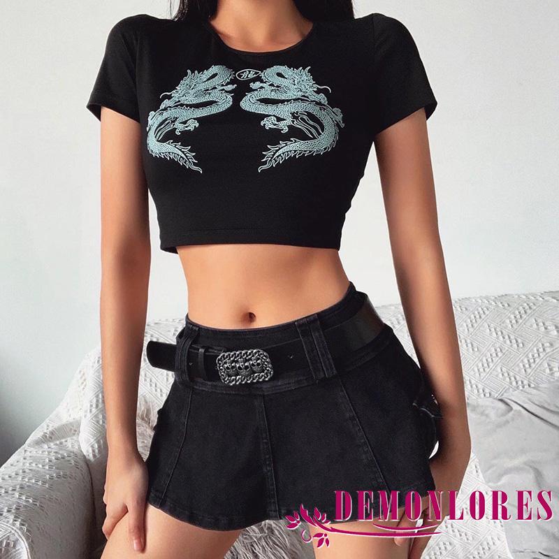 Áo croptop tay ngắn họa tiết rồng thời trang sành điệu cho nữ