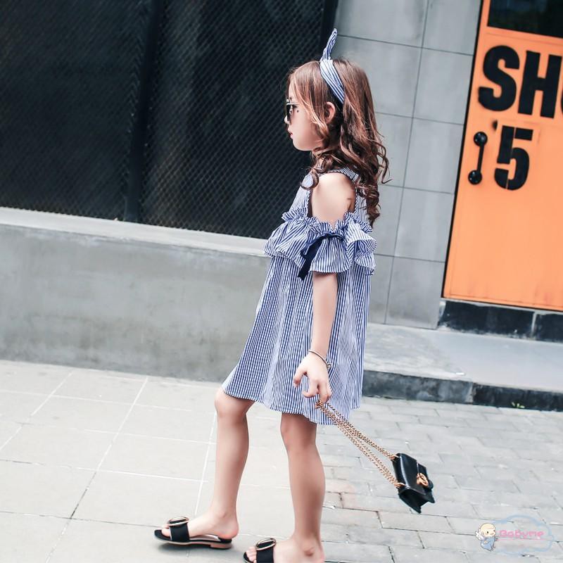 Đầm xòe hở vai phối bèo đính nơ xinh xắn cho bé gái