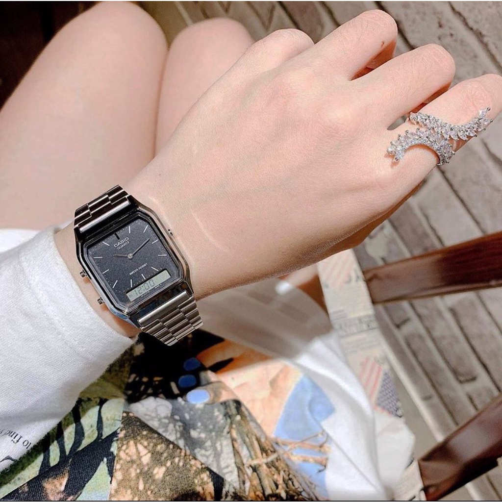 Đồng hồ Unisex Casio AQ-230A-1DMQ, đồng hồ chính hãng, silver gạch, mặt đen
