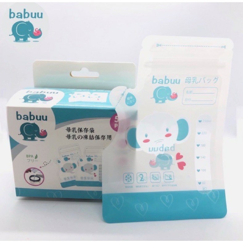 Hộp 50 túi trữ sữa có vòi 250ml Babuu Nhật Bản hình Voi có vòi rót tiện lợi