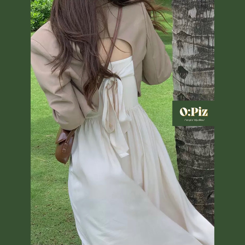 Áo Blazer Cut-Out Sau Lưng, Thắt Nơ Phá Cách, Hai Lớp Cho Nữ, Áo Khoác Lửng, Ngắn, Style Hàn Quốc, Màu Nâu Sáng Opiz
