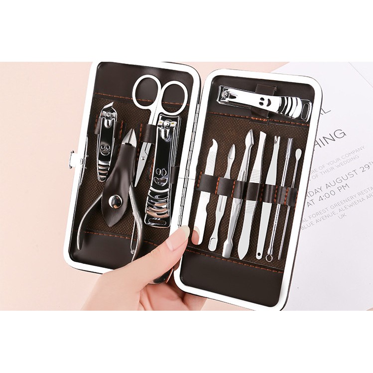 Bộ Chăm Sóc Móng Set 12 Món Chất Liệu Thép Không Gỉ Hộp Da Cao Cấp Full Box Tiện Lợi VECOM