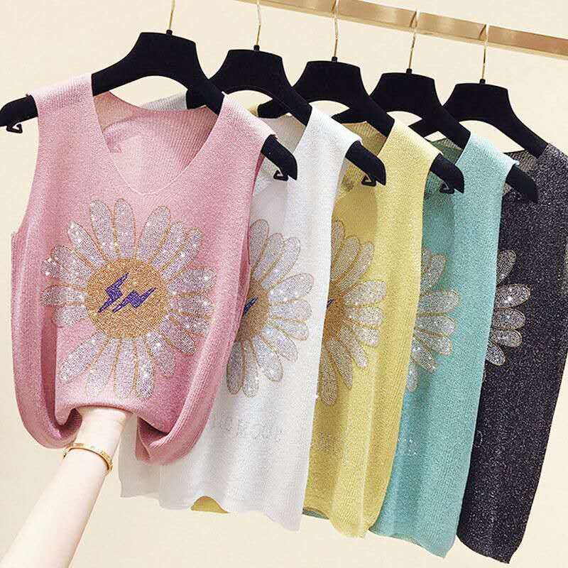 [Zhelihangfei] Áo Sát Nách Dệt Kim Họa Tiết Hoa Cúc Đính Kim Cương Giả