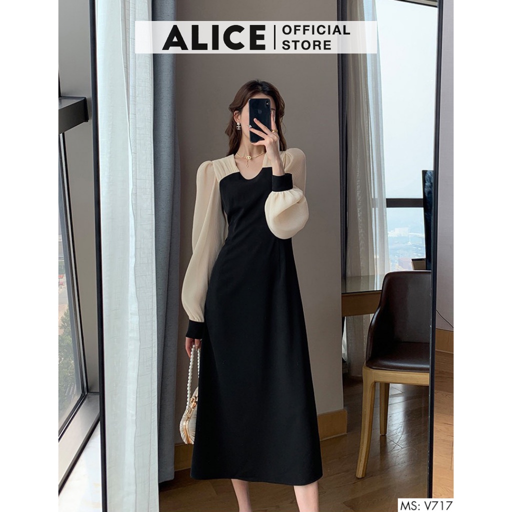 Váy Dài Tay Tiểu Thư ALICE V717, Thiết Kế Ôm Eo Tôn Dáng Bo Cổ Tay Sang Chảnh