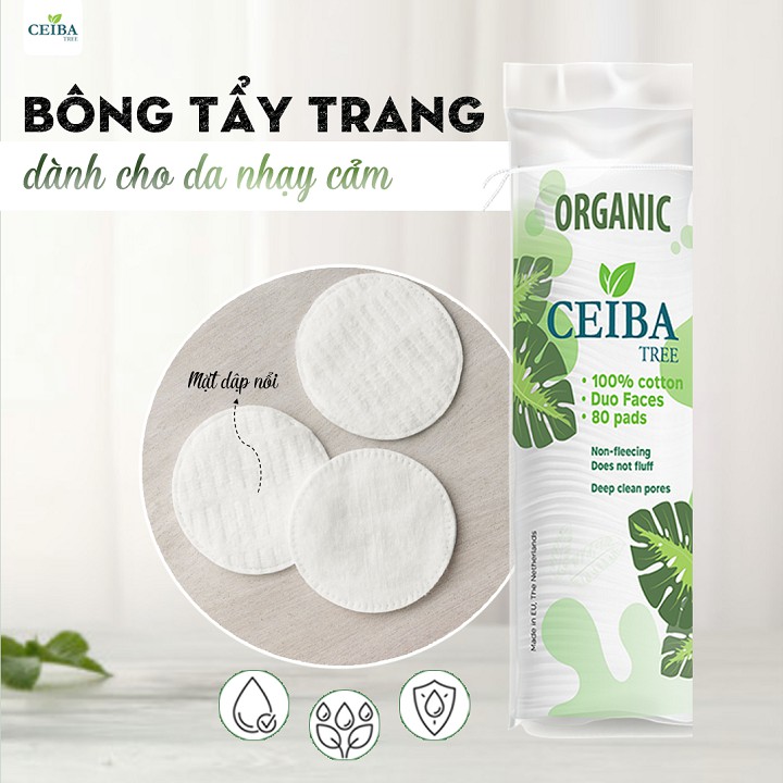 Bông Tẩy Trang Ceiba 100% Cotton Hữu Cơ Tự Phân Hủy Sinh Học Không Để Lại Sợi Ceiba Tree 80 Miếng