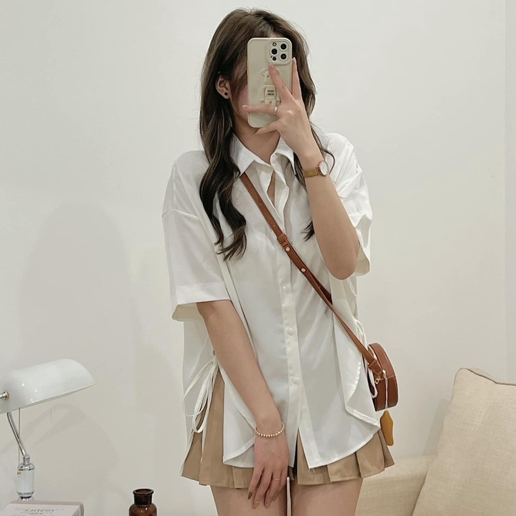 Áo Sơ Mi Buộc Nơ Eo Tay Lỡ Vạt Bầu Chất Lụa Mát Nhiều Màu, Labibi