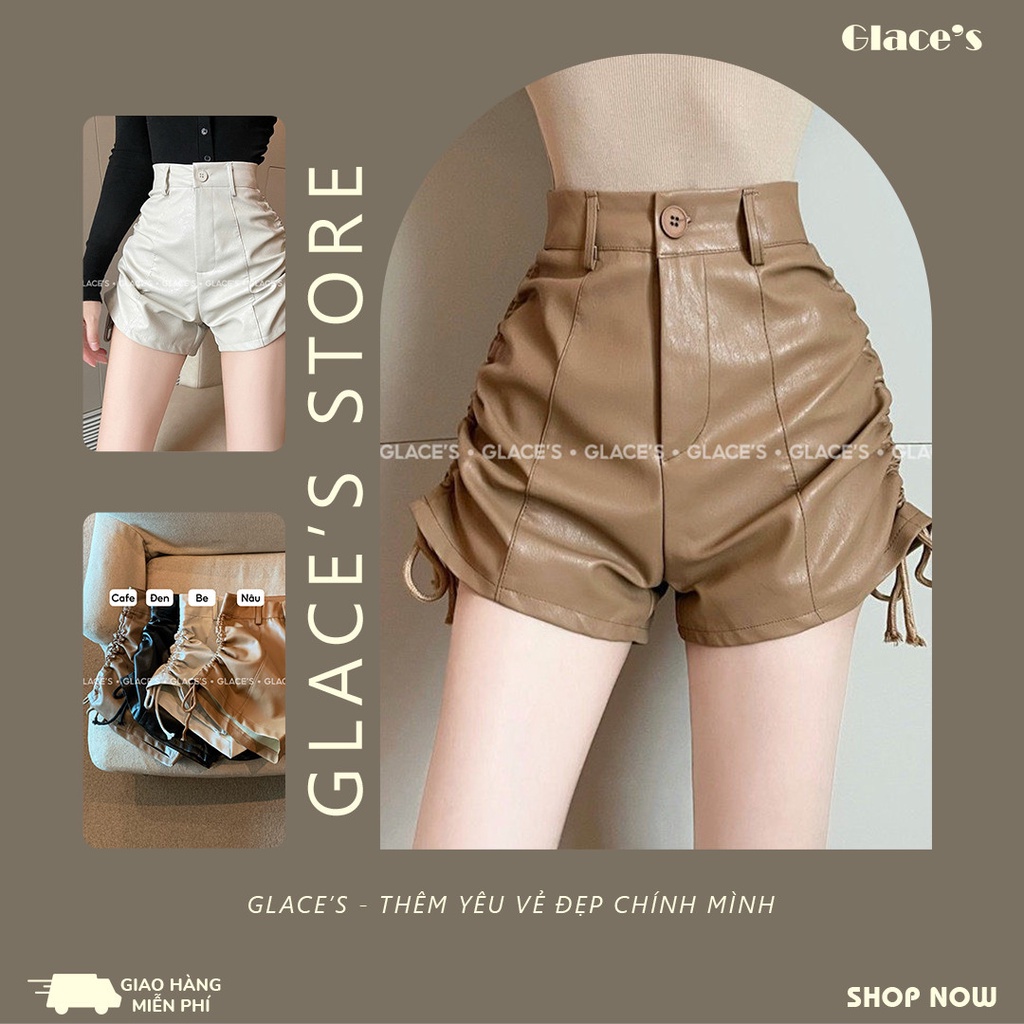 [Ảnh thật/ Hàng sẵn] Quần short da ⚡FREESHIP⚡ Quần sooc da nữ cạp cao rút dây hai bên hông, siêu tôn dáng, đầy cá tính