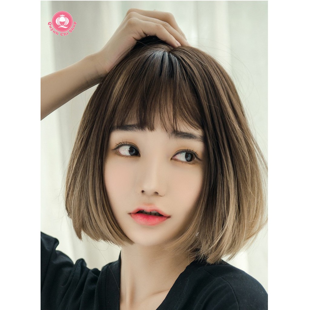 Tóc giả nguyên đầu CAO CẤP, tóc bob thẳng ngắn uốn cụp đuôi, mái thưa tỉa layer hot trend 2020 – tặng lưới tóc