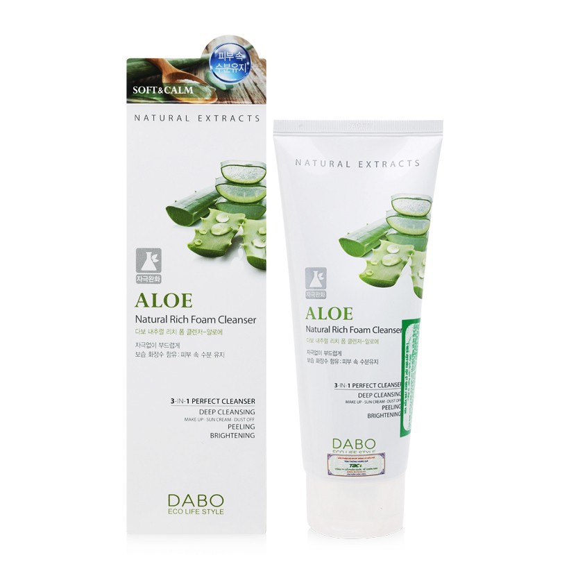 Sữa Rửa Mặt Dabo Lô Hội 3-in-1 Aloe Natural Rich Foam Cleanser 180ml sạch da, dưỡng ẩm, làm trắng, sạch mụn