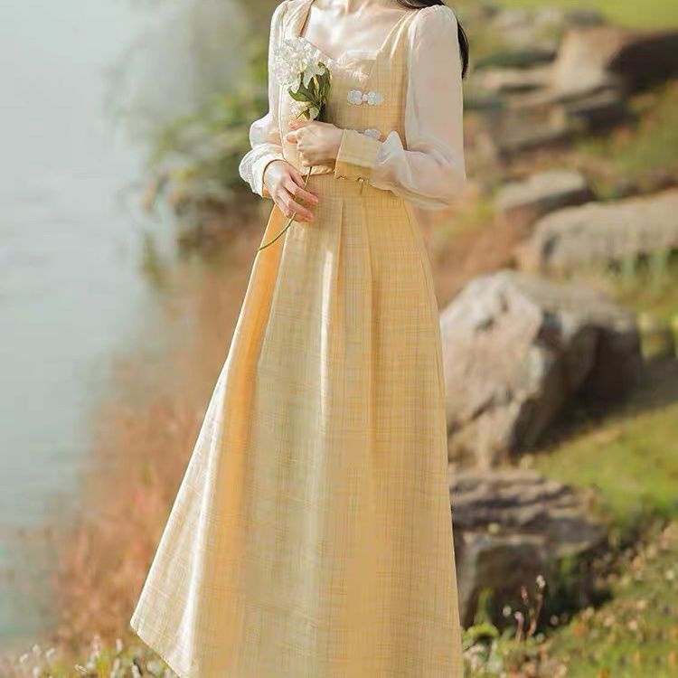 Đầm Dài Họa Tiết Kẻ Ô Cổ Điển Mới Cho Nữ Jllyq-32