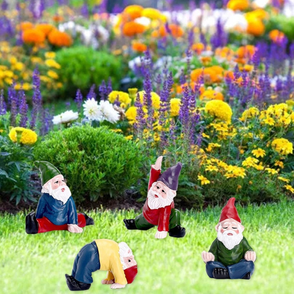 MIOSHOP 4 PCS Outdoor Fairy Garden Accessories Indoor Miniature Garden Gnomes Statue Flower Pot Decor Collectible Figurines Ornaments Yoga Gnomes