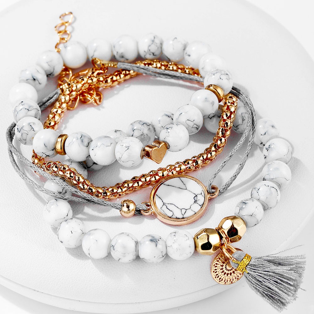 Set 4 Vòng Tay Chuỗi Hạt Phối Tua Rua Phong Cách Bohemian