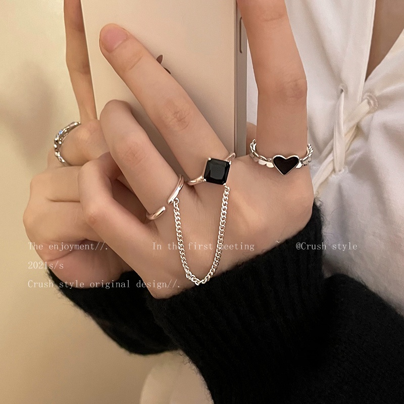 Set 3 Nhẫn Đính Đá Màu Đen Hình Trái Tim, Trái Tim