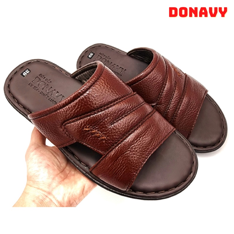Dép nam da bò thật 100% DONAVY, may quai chắc chắn, kiểu quai 4x làm bằng da bò mềm mại, đế cao su cao 3cm - DQ4X