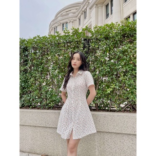  Váy sơ mi nữ cài khuy tay ngắn thắt eo dáng xòe hoa nhí 