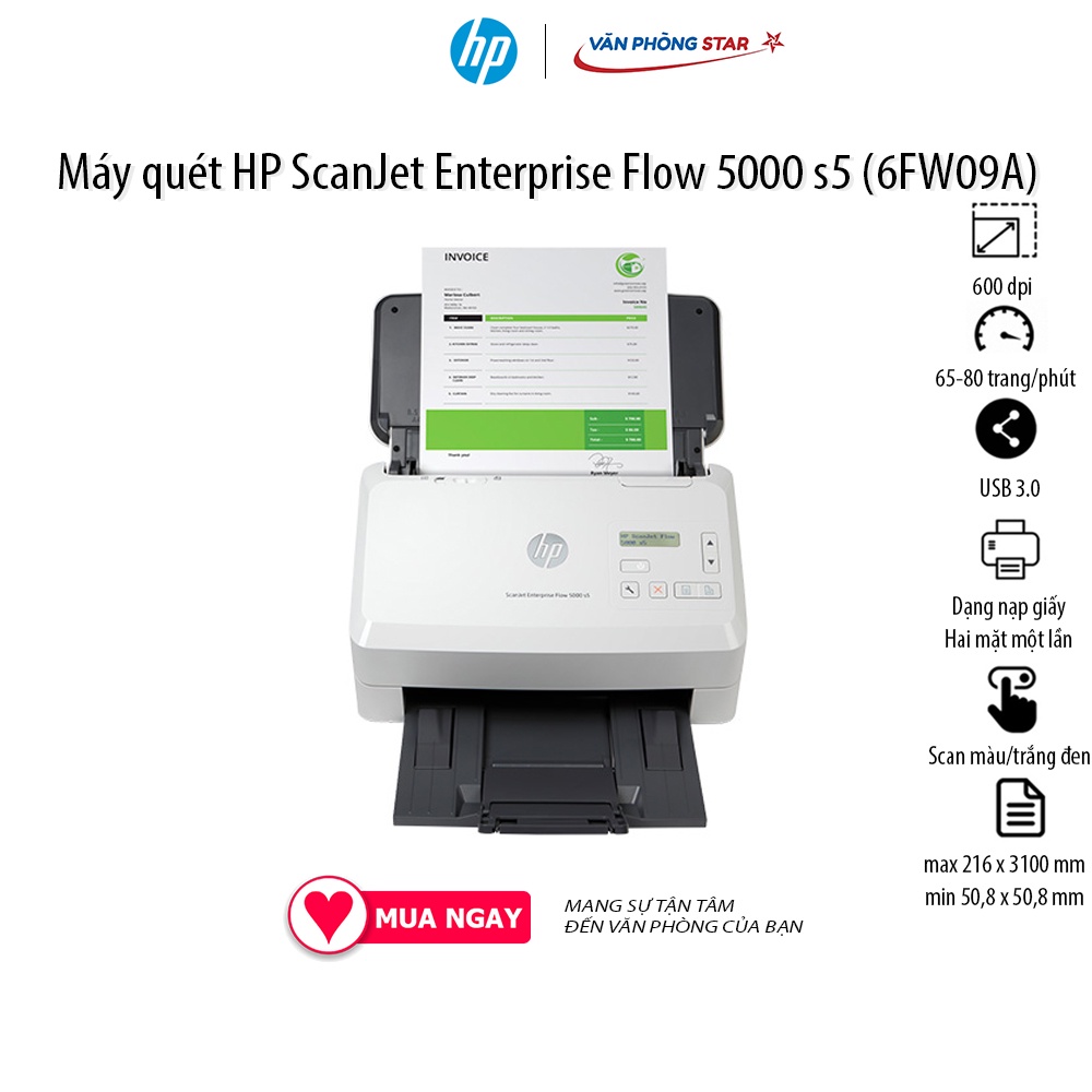 Máy quét HP ScanJet Enterprise Flow 5000 s5 (6FW09A) tốc độ 60 - 85 trang/phút độ phân giải 600 dpi Scan 2 mặt