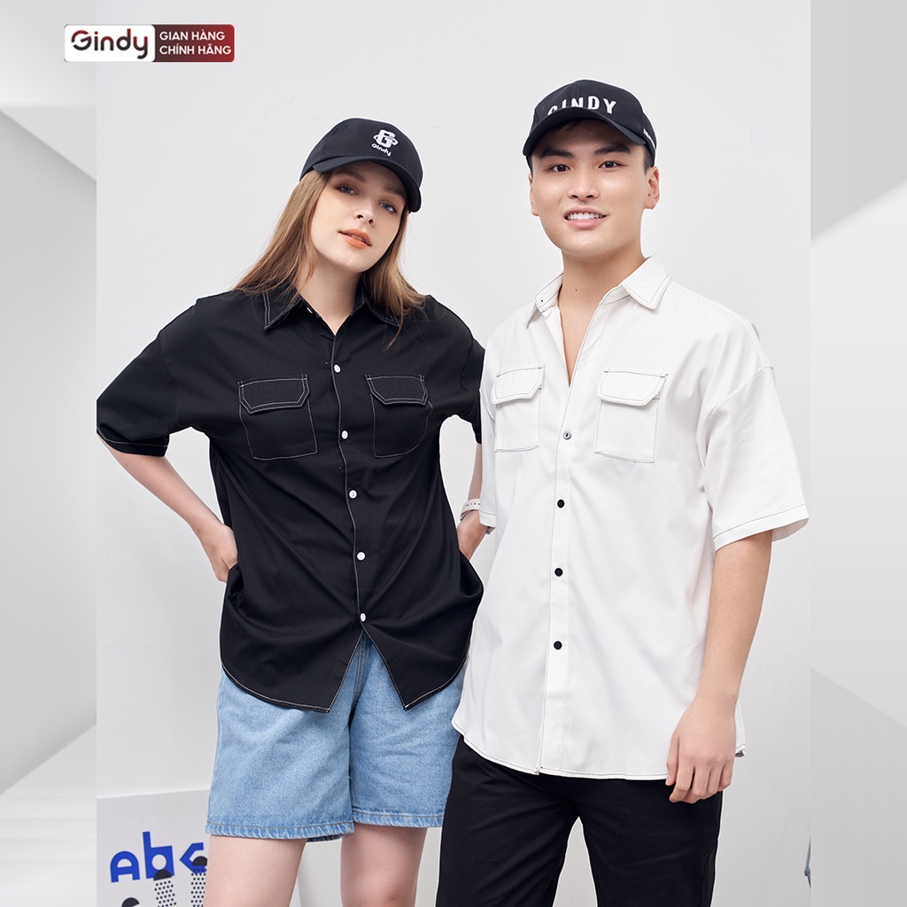 Áo sơ mi học sinh sinh viên hàn quốc form rộng basic nam nữ GINDY có túi viền chỉ kẻ thời trang cá tính Unisex A066