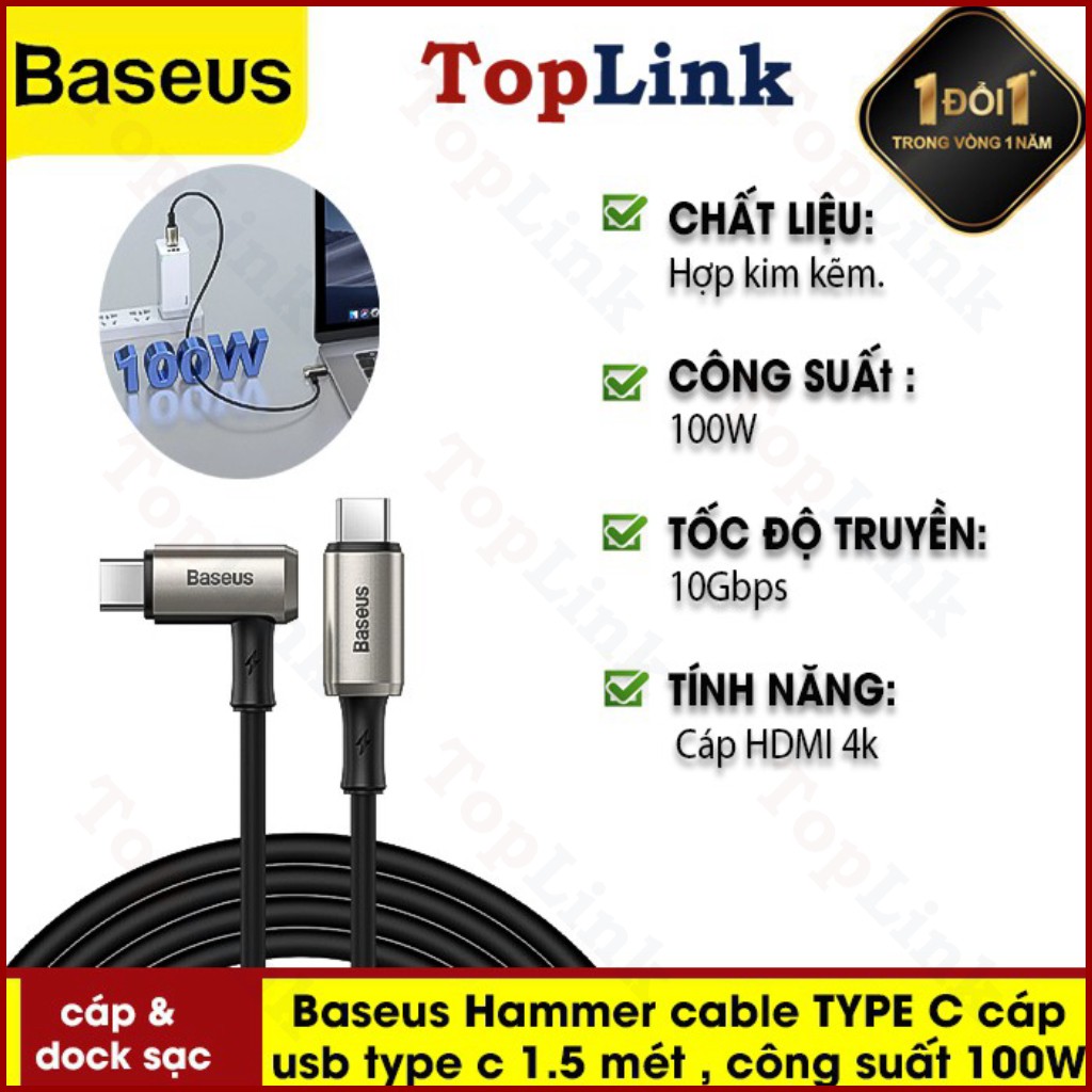 Cáp USB  Baseus Hammer Cable TYPE C  1.5 Mét , Công Suất 100W Tốc Độ Truyền Tải 10Gbps. Cho Macbook Ipad Pro