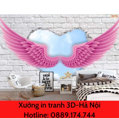 [Giá tại xưởng] tranh dán quán cafe trà sữa 3d tranh dán tường đôi cánh thiên thần in Vải Lụa zalo o889174744