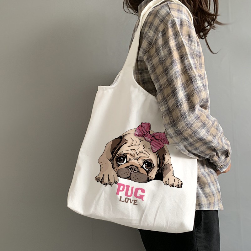 Túi Tote Vải Canvas Quai Tròn Hình Chó Pug Có Khóa Miệng Túi