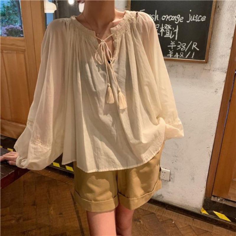 Áo sơ mi cổ rút dây vintage